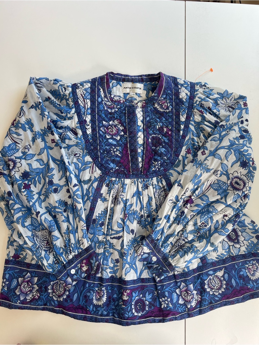 Antik Batik Blue Floral Boho Blouse Quilted Yoke Puff Sleeve Top M - Picture 4 of 4